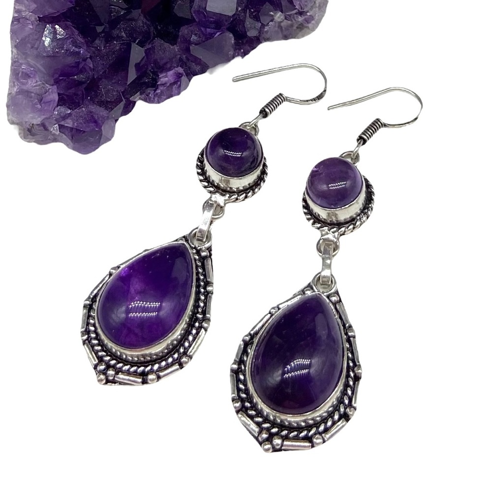 Amethyst Earrings Stamped 925 Sterling Silver Dangle Drop Purple Crystal Stone